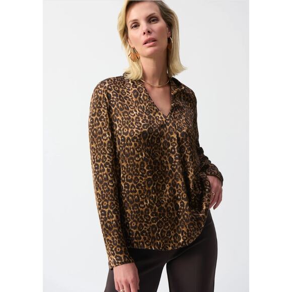 NWT Joseph Ribkoff Beige/Black Satin Animal Print Top Size 8 Style 244253 - Picture 5 of 10